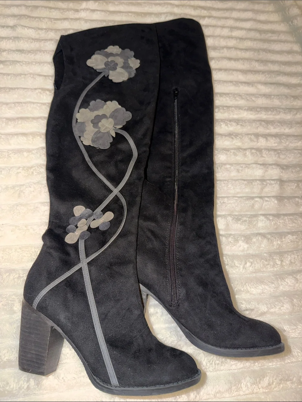 Not Rated Black Suede Over-the-Knee Boots with Gray Floral Accents